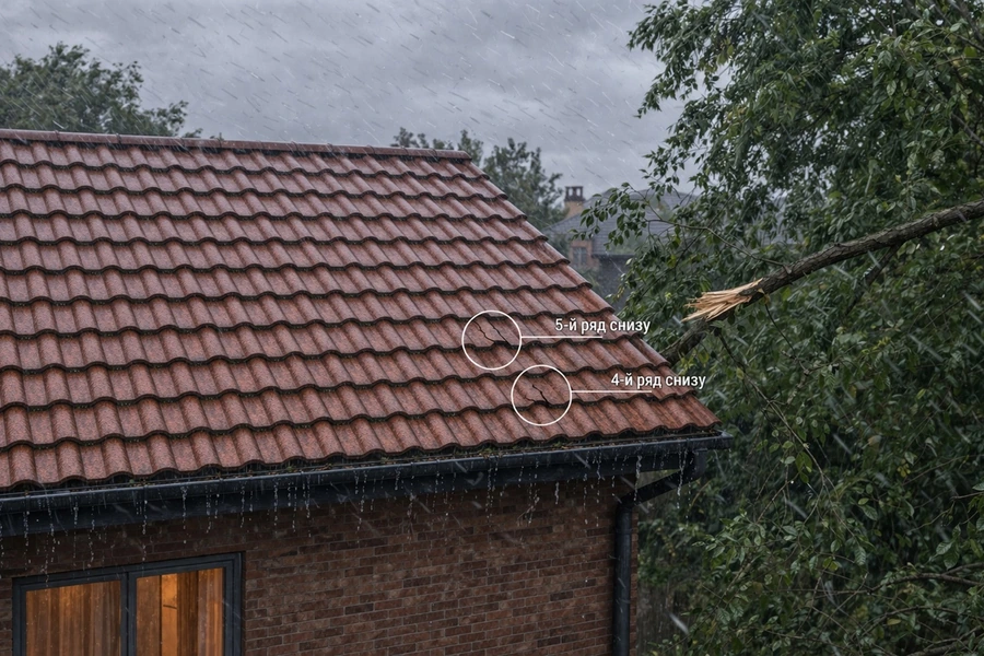 Acoperiș în timpul ploii, cu țigle fisurate marcate vizual și risc de infiltrații prin acoperiș