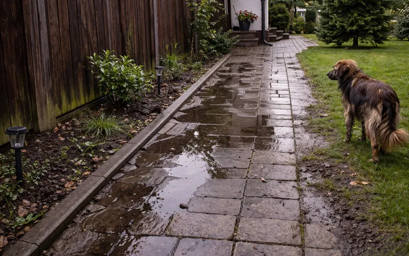 Alee din pavaj care rămâne udă după ploaie, cu apă stagnantă pe suprafață, margini noroioase și câine în curte