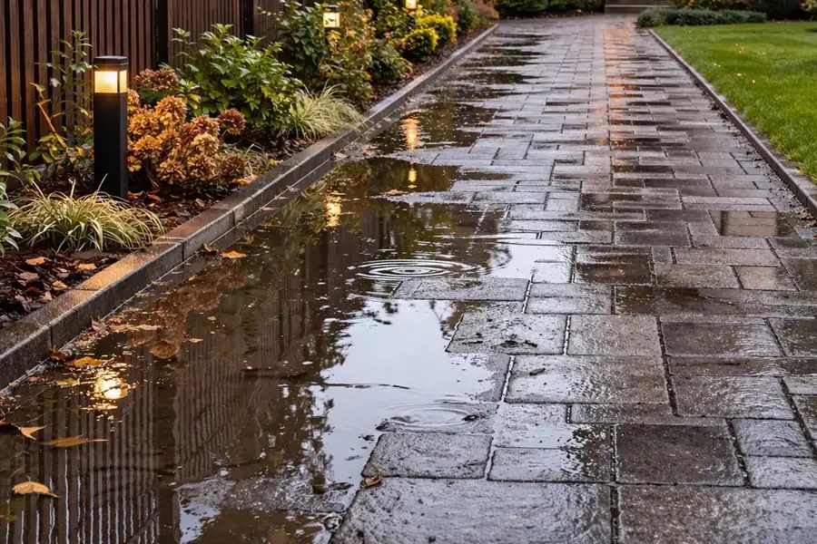 Alee din pavaj care rămâne udă prea mult, cu apă stagnantă pe margine, suprafață lucioasă după ploaie și scurgere lentă