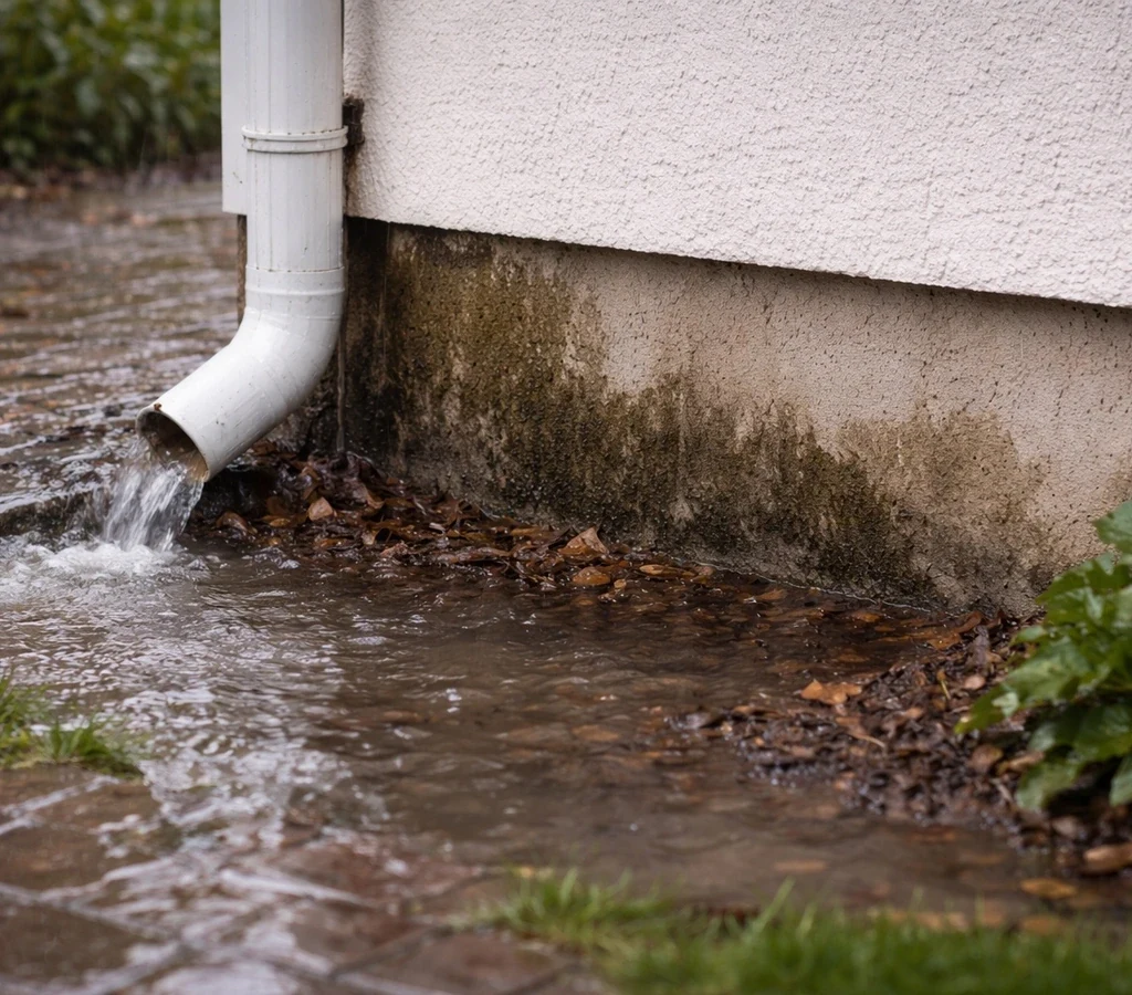 Apă la fundația casei, cu burlan care descarcă direct lângă soclu și acumulare de apă la baza peretelui exterior