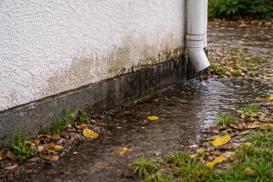 Apă la fundația casei, cu soclu umed, baltă lângă perete și evacuare care descarcă prea aproape de bază