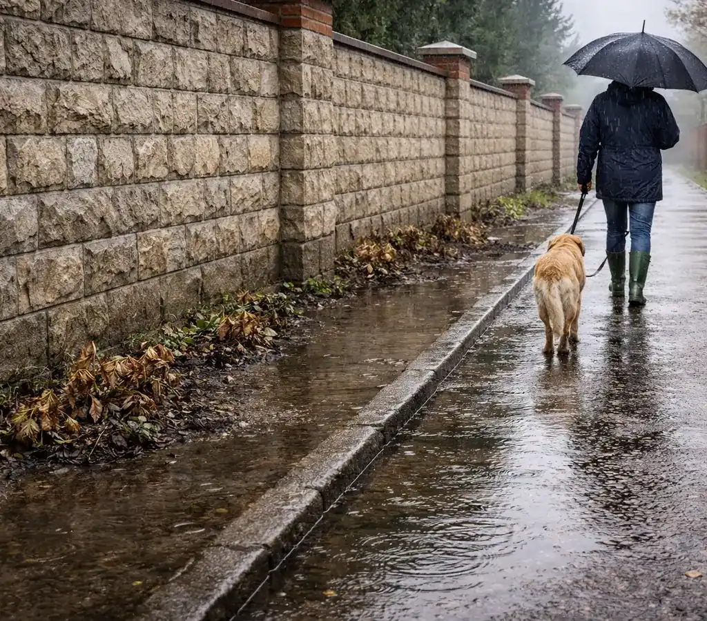 Apă lângă gard și împrejmuire, cu trotuar ud, persoană cu umbrelă, câine în lesă și strat de flori putrezite de-a lungul zidului