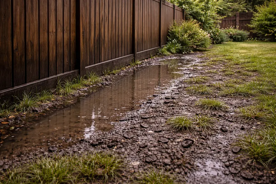 Apă stagnantă lângă gard, cu teren noroios și zonă joasă care reține umezeala de-a lungul împrejmuirii