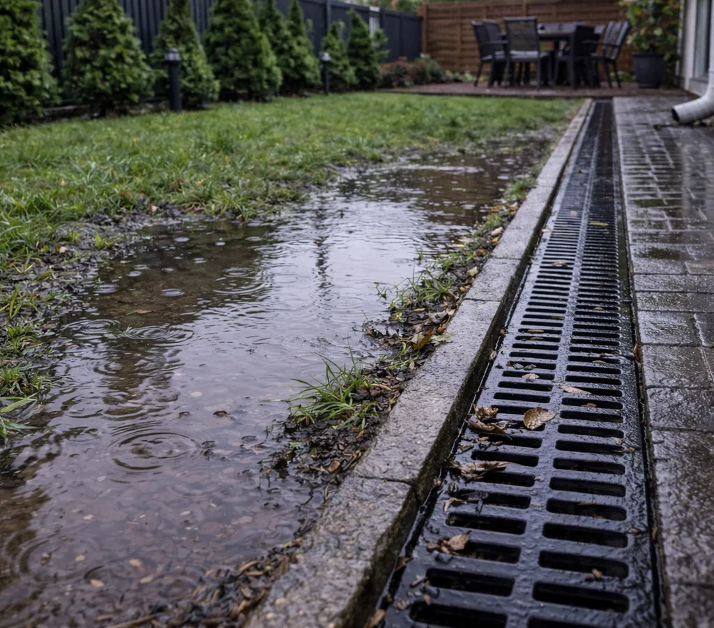 Bălți în curte după ploaie, cu apă stagnantă lângă gazon și rigolă de scurgere amplasată lângă pavaj