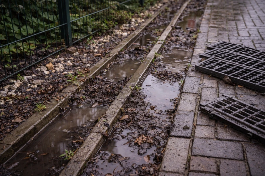 Rigolă colmatată în curte, cu apă stagnantă, frunze ude și scurgere blocată lângă pavaj