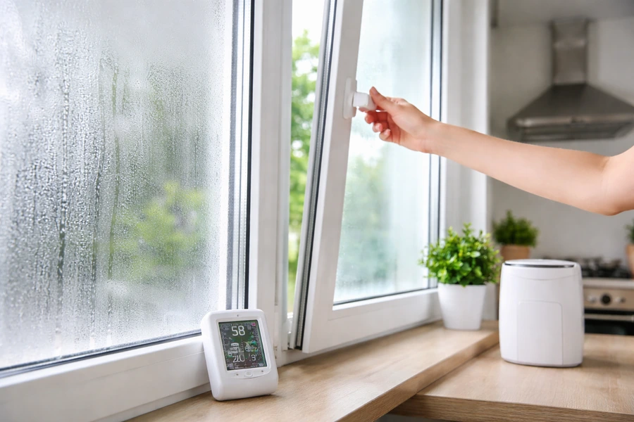Aerisire la fereastră deschisă pentru reducerea condensului, cu higrometru și dezumidificator în cameră