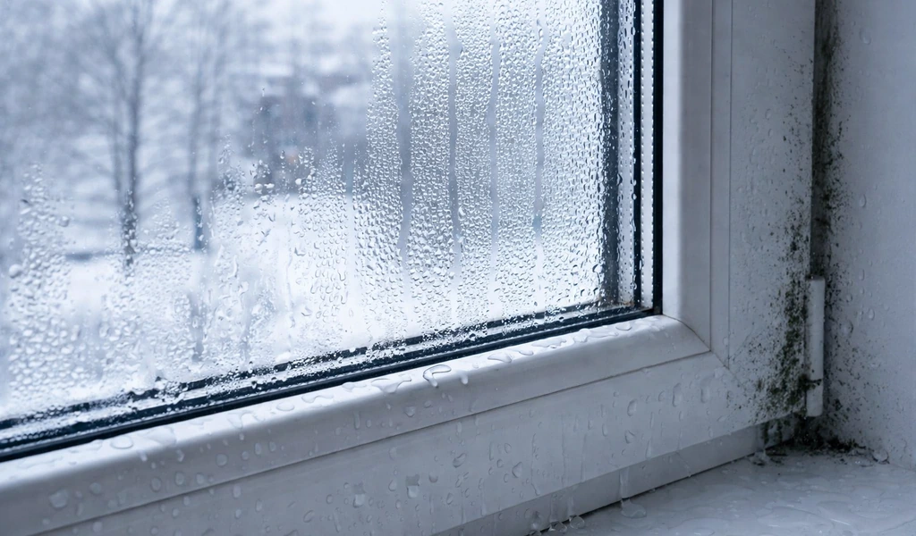 Condens pe ferestre pe partea interioară a geamului, cu picături de apă pe sticlă și umezeală pe ramă