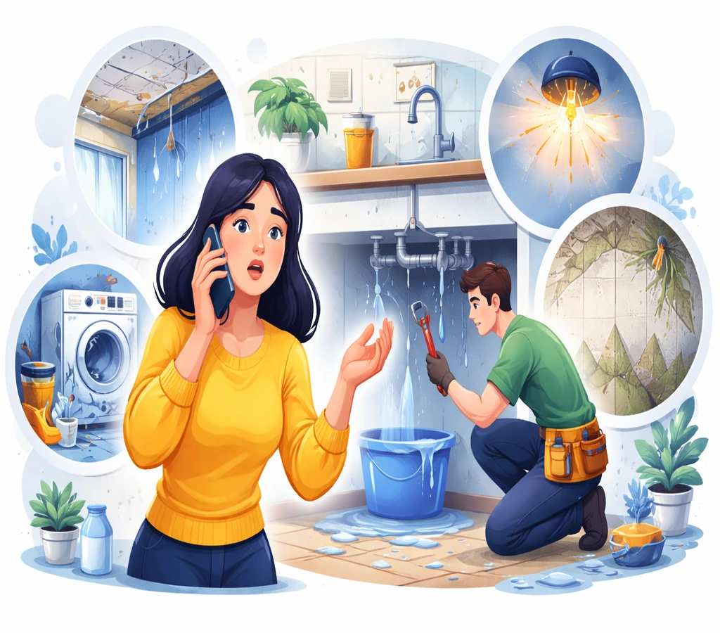 Contact Probleme Acasă – ilustrație cu probleme din locuință și solicitare de ajutor