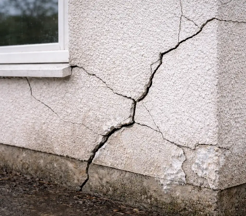 Fisuri în fațadă la colțul exterior al casei, cu crăpături vizibile în tencuială, eflorescențe și degradare în zona soclului