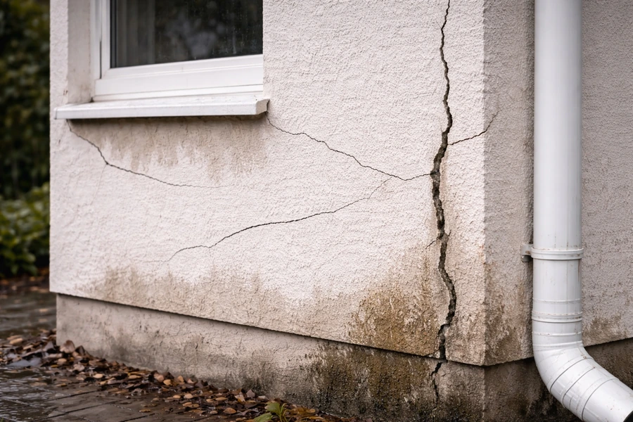 Fisuri în fațadă la colțul casei, cu crăpătură verticală adâncă, fisuri orizontale și degradare în zona soclului