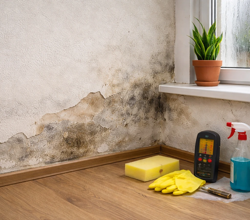 Igrasie pe pereți în colțul camerei, cu tencuială afectată, pete de umezeală și urme vizibile lângă fereastră