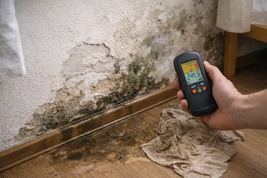 Verificarea igrasiei la baza peretelui cu aparat de măsurare a umezelii, lângă o zonă afectată de umiditate