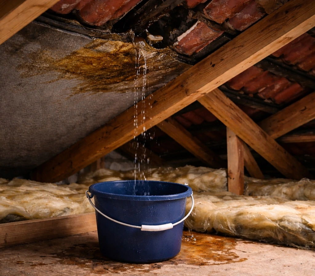 Infiltrații prin acoperiș în pod, cu apă care se scurge din zona învelitorii și se adună într-o găleată sub structura din lemn