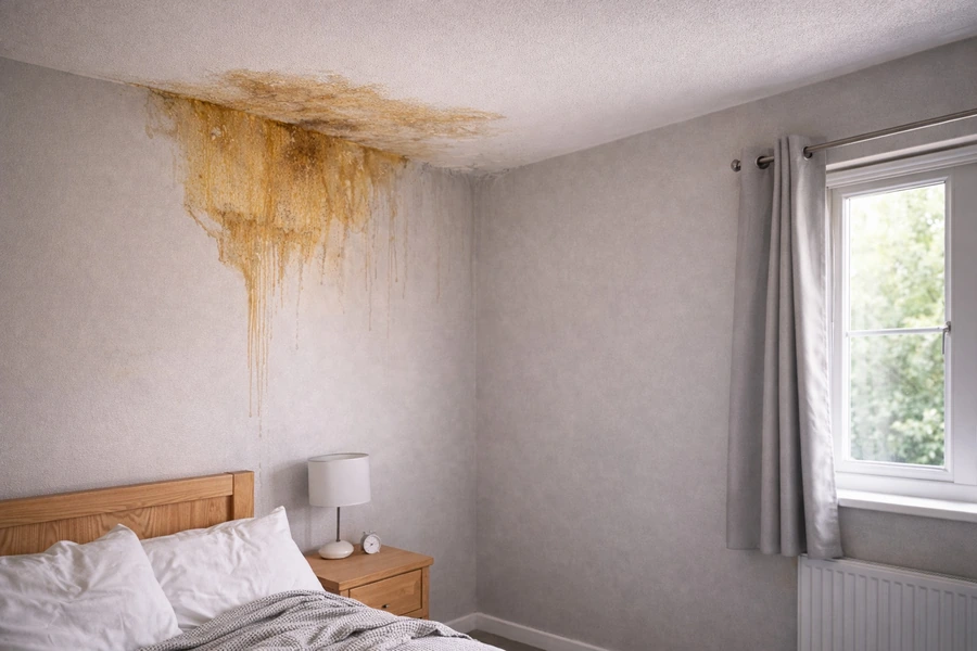 Pată mare de umezeală pe tavan și perete interior, cauzată de infiltrații prin acoperiș într-un dormitor