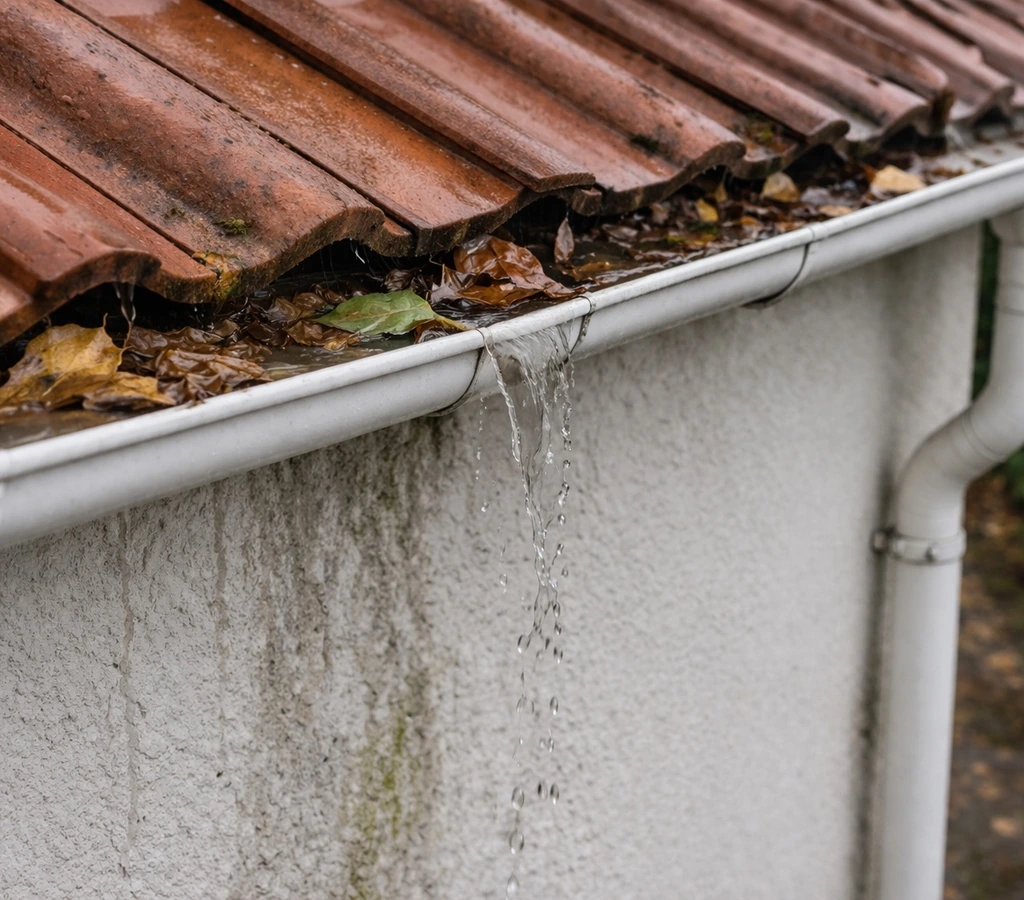 Jgheaburi înfundate cu frunze ude și apă care se revarsă peste margine pe fațada casei