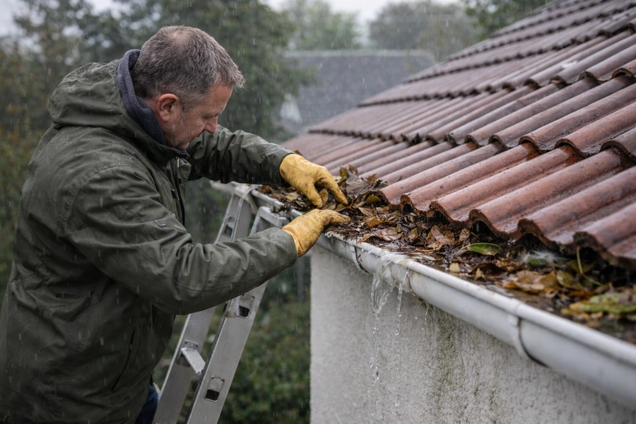 Verificarea jgheaburilor înfundate de pe scară, în timpul ploii, cu frunze ude și apă care se revarsă peste margine