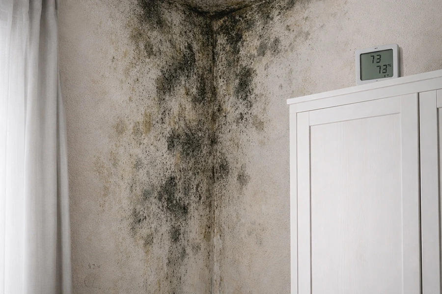 Colț de cameră cu mucegai extins pe perete și tavan, lângă mobilier, în condiții de umiditate ridicată