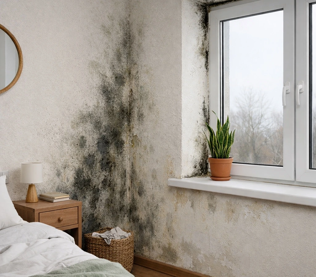 Mucegai pe pereți interiori lângă fereastră, cu pete extinse de umezeală și finisaj afectat în colțul camerei