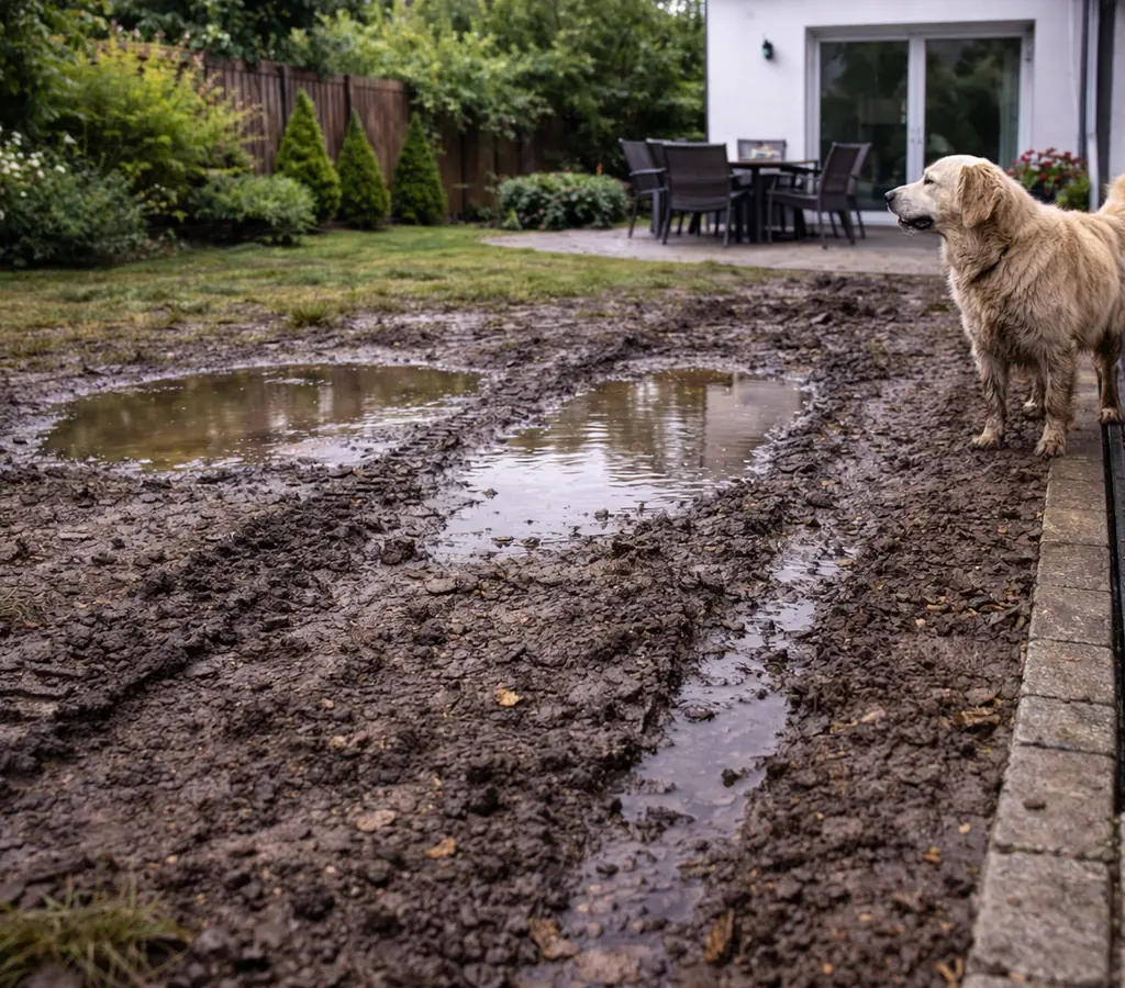 Noroi persistent în curte, cu urme adânci noroioase, bălți repetate și zonă afectată lângă rigolă