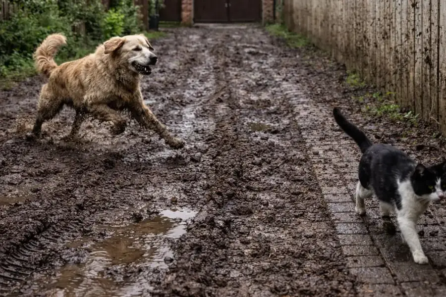 Noroi persistent în curte, cu urme adânci de roți, puține bălți, multă murdărie și trotuar murdar de-a lungul gardului