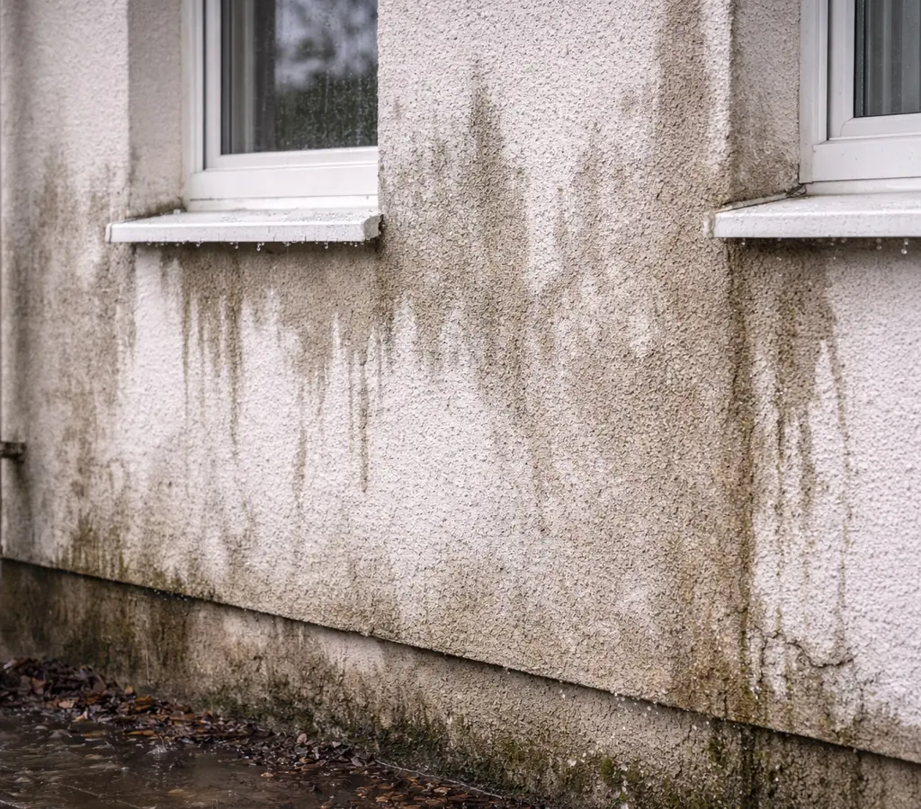 Pereți exteriori umezi după ploaie, cu urme verticale murdare sub ferestre, soclu închis la culoare și evacuare de apă lângă fațadă