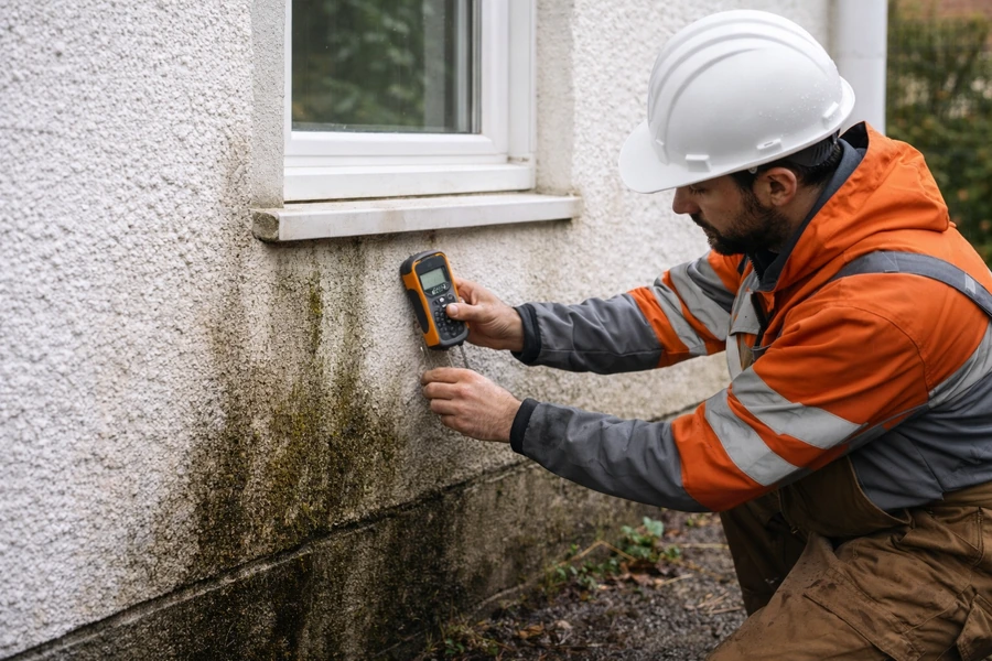 Verificarea pereților exteriori umezi după ploaie, cu aparat de măsurare aplicat pe o zonă umedă sub fereastră