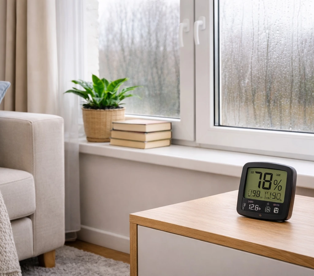 Umezeală în casă evidențiată prin condens pe fereastră și higrometru care arată umiditate ridicată în cameră