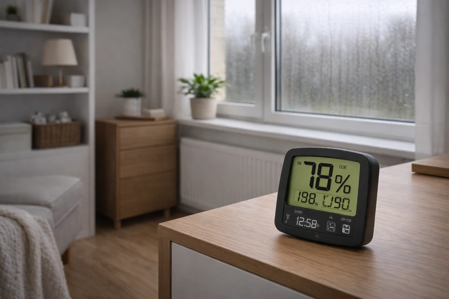 Higrometru digital într-un interior de locuință, folosit pentru verificarea umezelii în casă lângă o fereastră cu condens