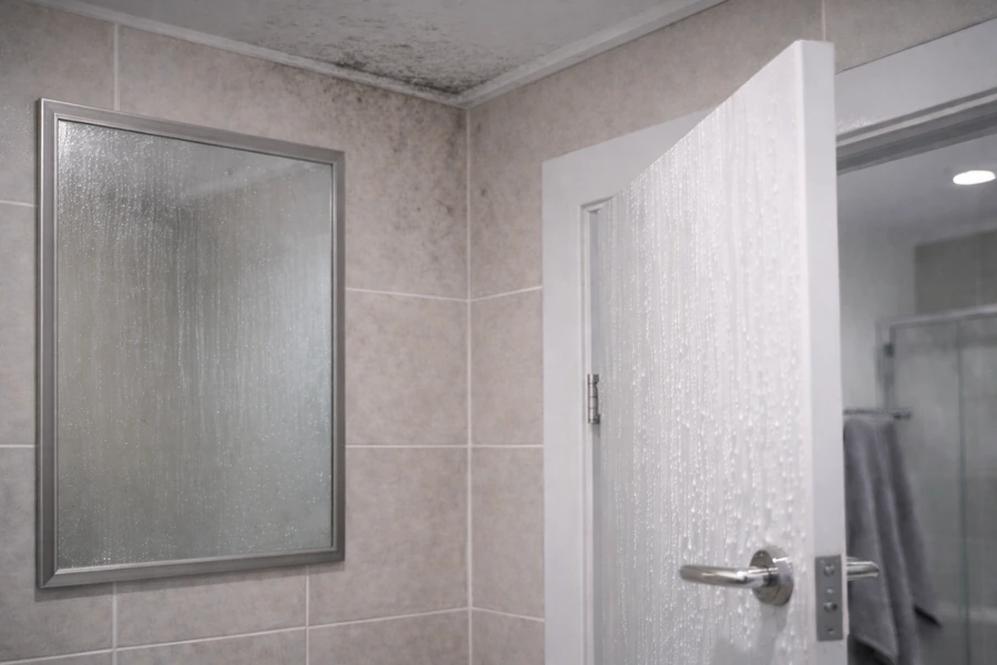 Ventilație slabă în baie evidențiată prin oglindă aburită, condens pe ușă și urme ușoare de umezeală în colțul superior