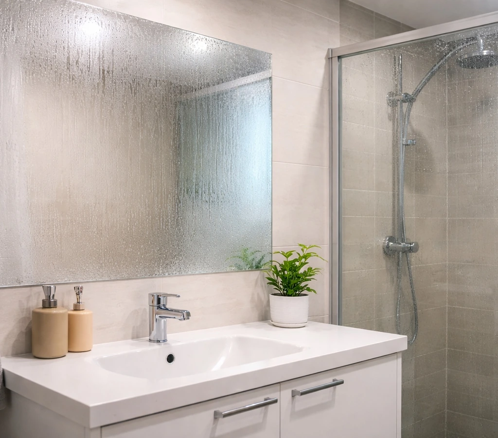 Ventilație slabă în baie evidențiată prin oglindă aburită și condens persistent pe cabina de duș după utilizare