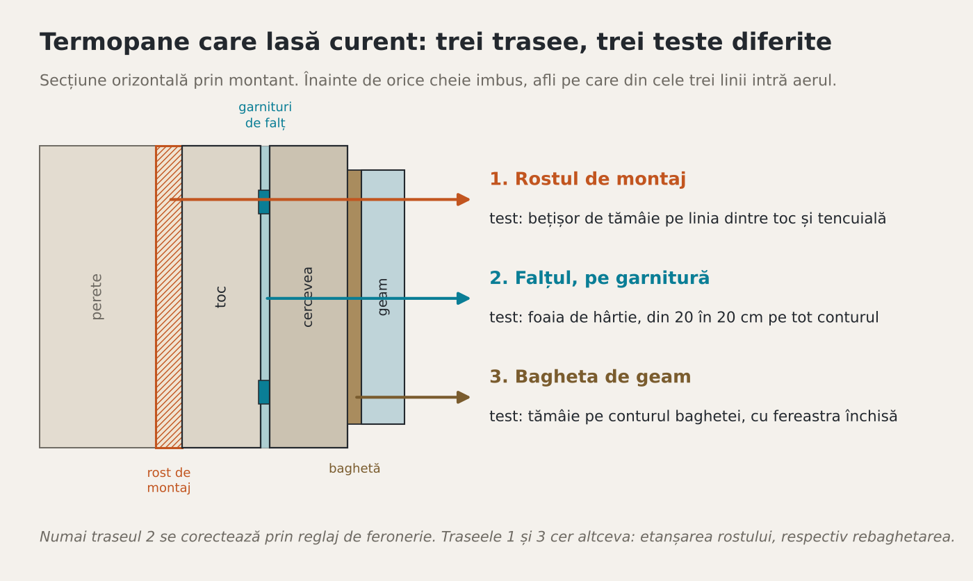 Cele trei trasee pe care termopane care lasă curent trag aer rece: rostul de montaj, falțul cu garnitura, bagheta de geam