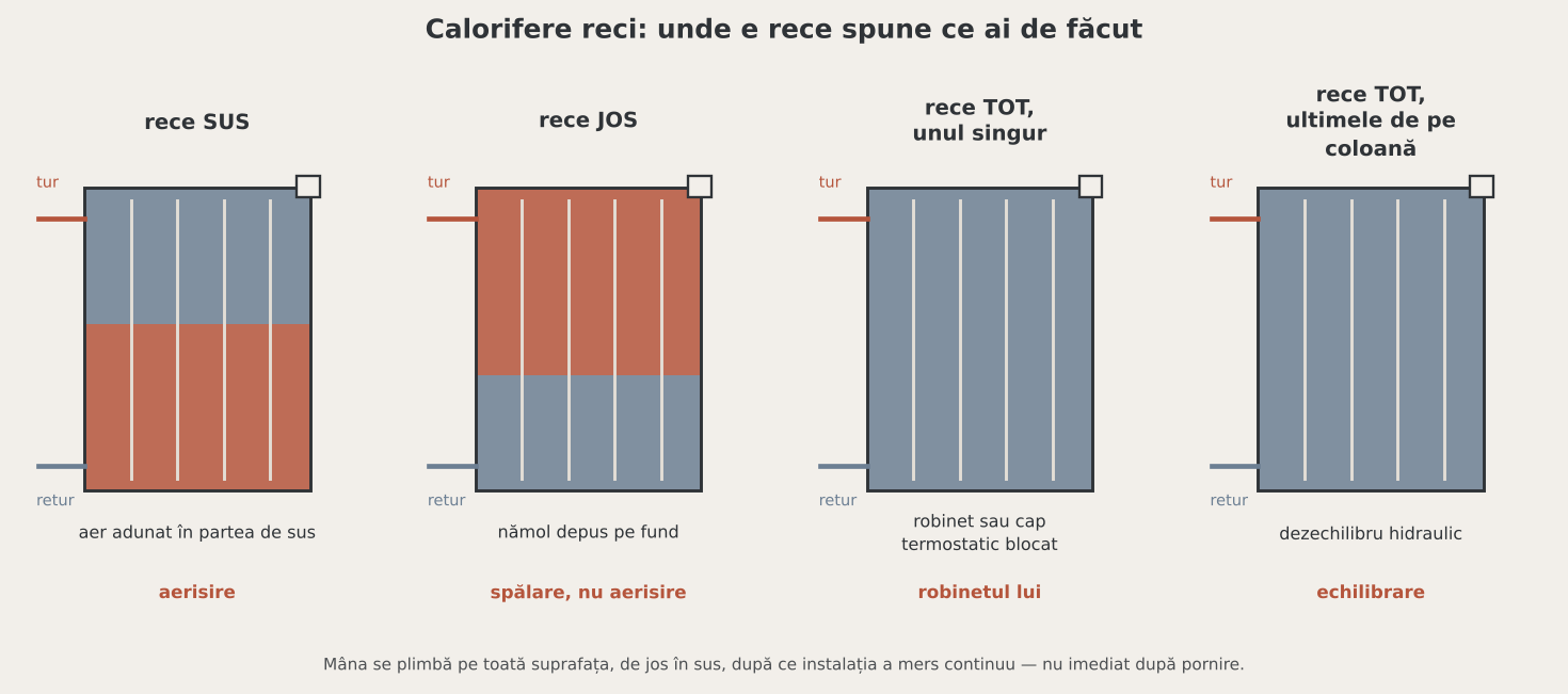 Patru cazuri de calorifere reci: rece sus, rece jos, unul singur rece și ultimele de pe coloană